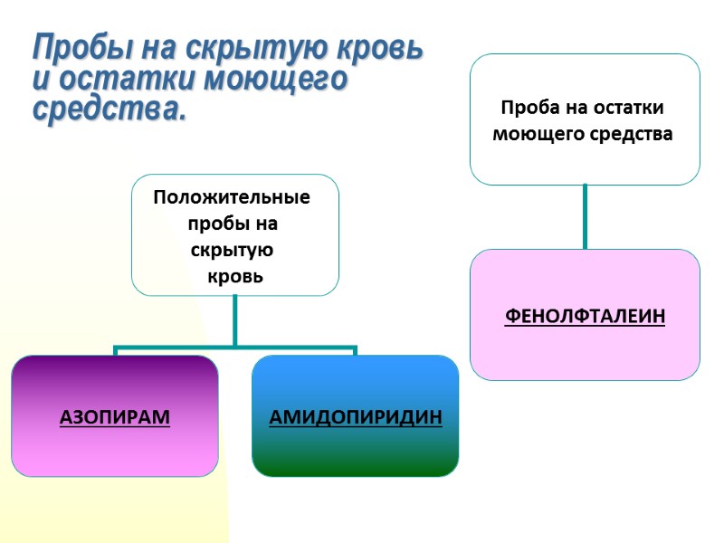 Пробы на скрытую кровь  и остатки моющего средства.